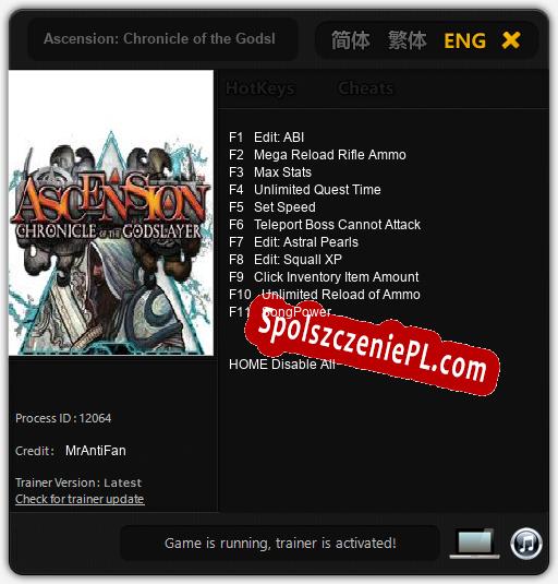 Treinador liberado para Ascension: Chronicle of the Godslayer [v1.0.4]