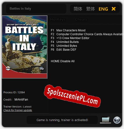 Treinador liberado para Battles in Italy [v1.0.9]