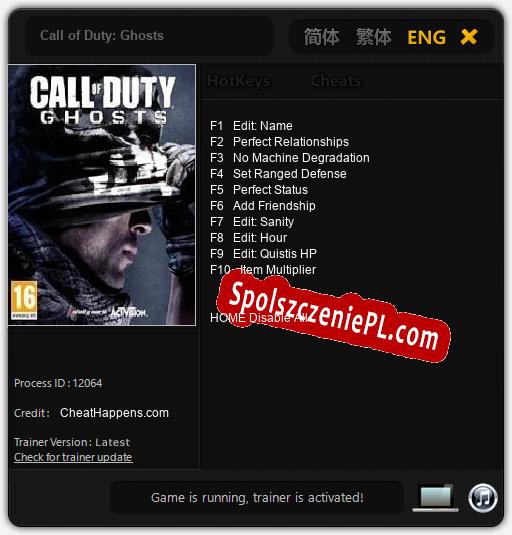 Treinador liberado para Call of Duty: Ghosts [v1.0.8]