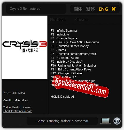 Crysis 3 Remastered: Cheats, Trainer +15 [MrAntiFan]