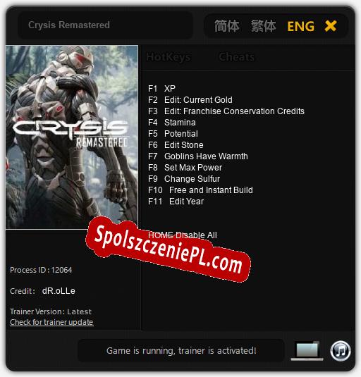 Treinador liberado para Crysis Remastered [v1.0.1]