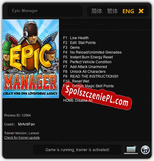 Treinador liberado para Epic Manager [v1.0.5]