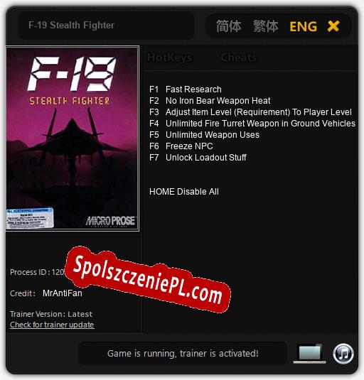 F-19 Stealth Fighter: Trainer +7 [v1.7]