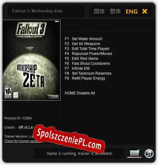 Treinador liberado para Fallout 3: Mothership Zeta [v1.0.9]