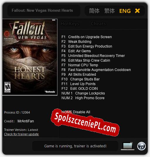 Treinador liberado para Fallout: New Vegas Honest Hearts [v1.0.8]