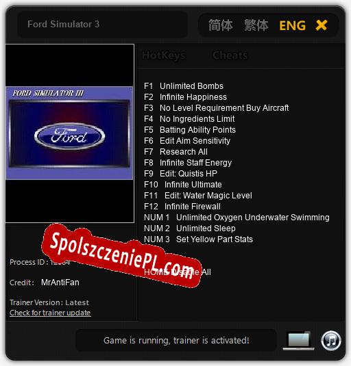 Treinador liberado para Ford Simulator 3 [v1.0.9]