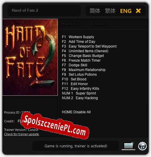 Treinador liberado para Hand of Fate 2 [v1.0.8]