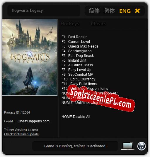 Treinador liberado para Hogwarts Legacy [v1.0.8]