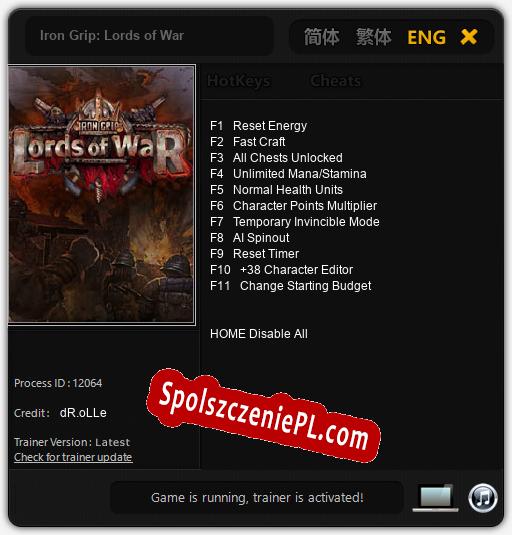 Treinador liberado para Iron Grip: Lords of War [v1.0.4]