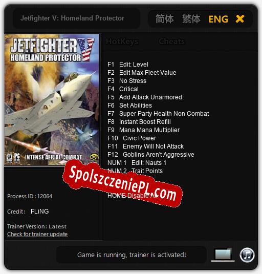 Jetfighter V: Homeland Protector: Treinador (V1.0.33)