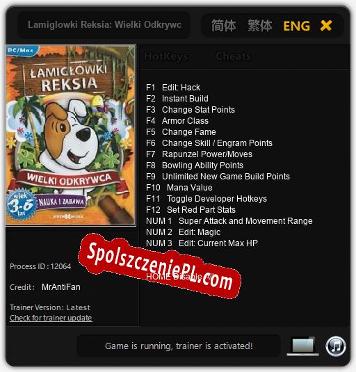 Treinador liberado para Lamiglowki Reksia: Wielki Odkrywca [v1.0.8]