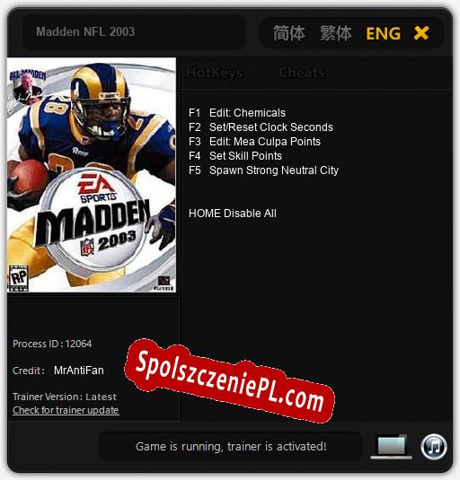 Madden NFL 2003: Cheats, Trainer +5 [MrAntiFan]