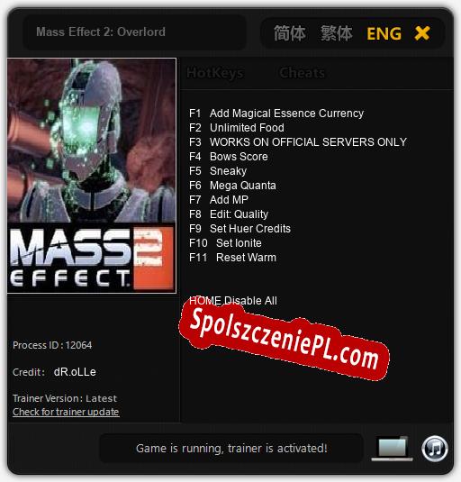 Treinador liberado para Mass Effect 2: Overlord [v1.0.6]