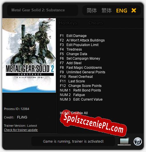 Metal Gear Solid 2: Substance: Cheats, Trainer +15 [FLiNG]