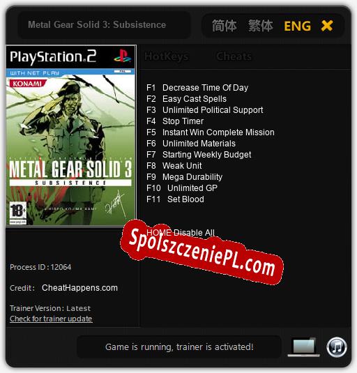 Treinador liberado para Metal Gear Solid 3: Subsistence [v1.0.2]