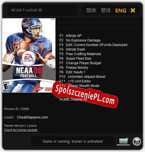 NCAA Football 08: Cheats, Trainer +12 [CheatHappens.com]