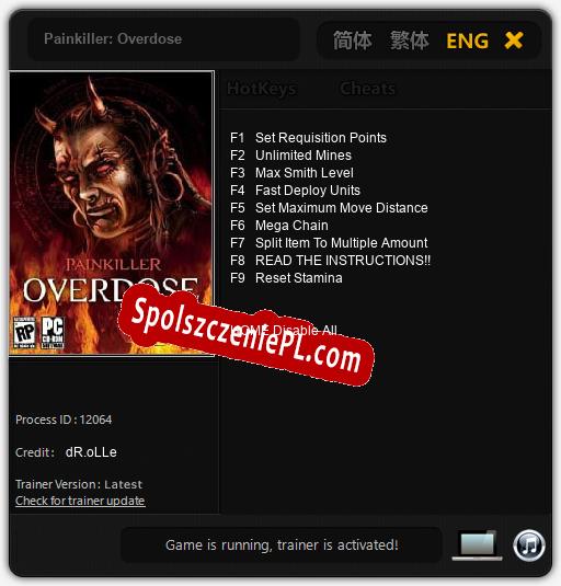 Treinador liberado para Painkiller: Overdose [v1.0.2]