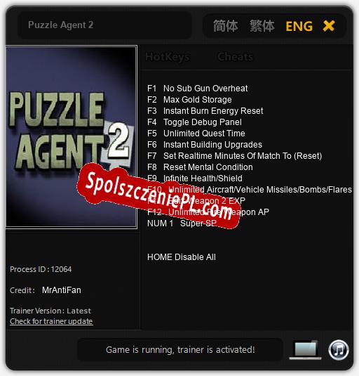 Treinador liberado para Puzzle Agent 2 [v1.0.9]