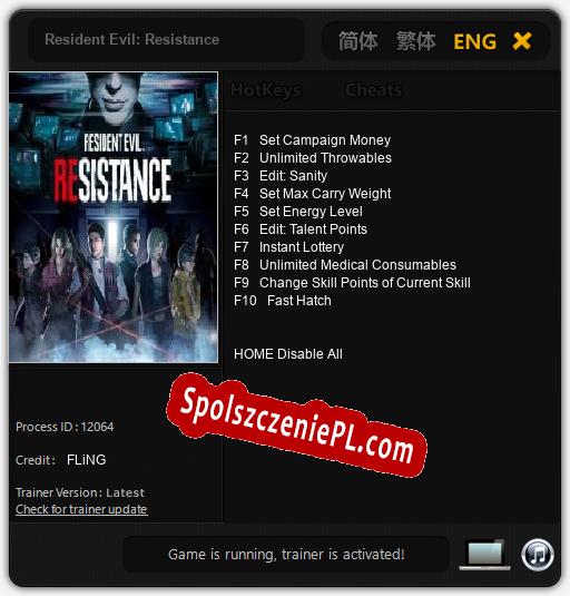 Resident Evil: Resistance: Cheats, Trainer +10 [FLiNG]