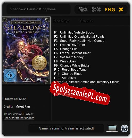 Treinador liberado para Shadows: Heretic Kingdoms [v1.0.4]