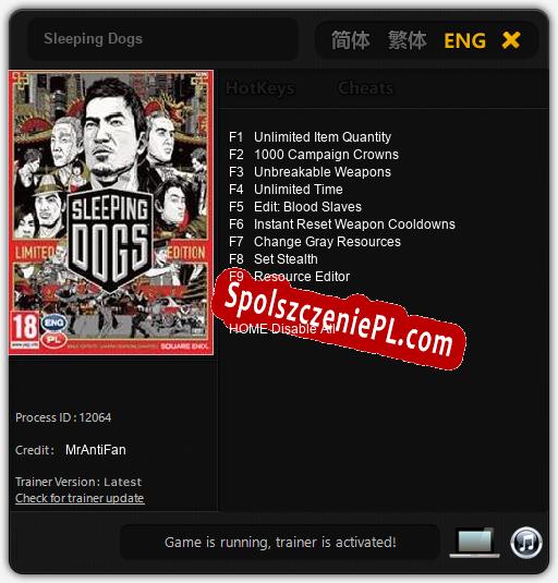 Treinador liberado para Sleeping Dogs [v1.0.4]