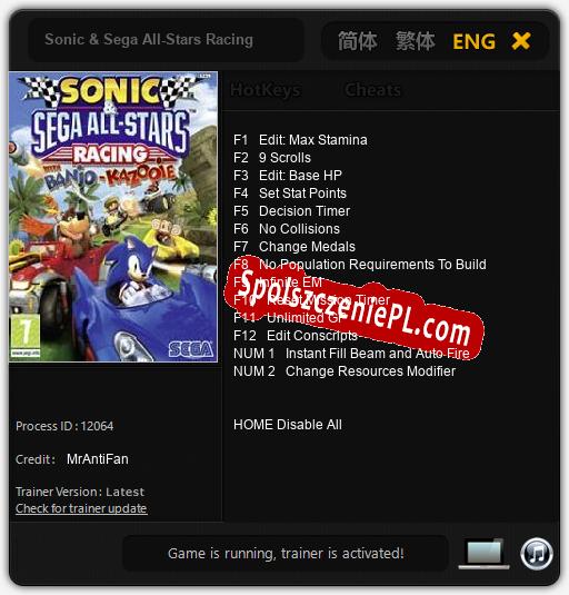 Treinador liberado para Sonic & Sega All-Stars Racing [v1.0.9]