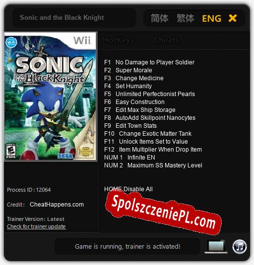 Treinador liberado para Sonic and the Black Knight [v1.0.8]