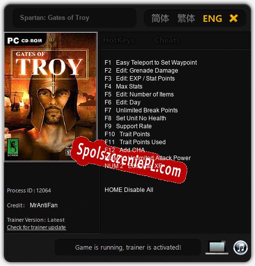 Treinador liberado para Spartan: Gates of Troy [v1.0.4]