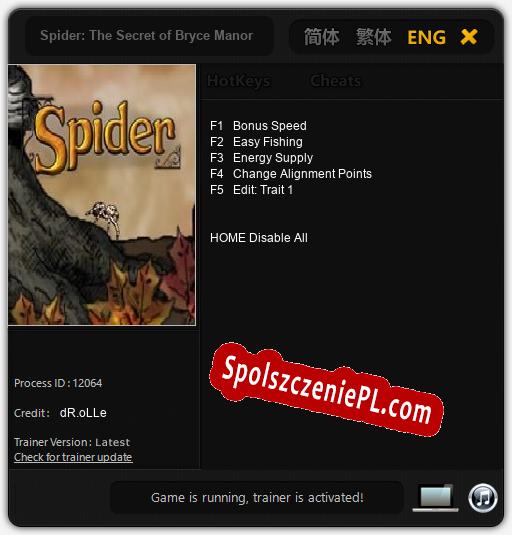 Treinador liberado para Spider: The Secret of Bryce Manor [v1.0.9]