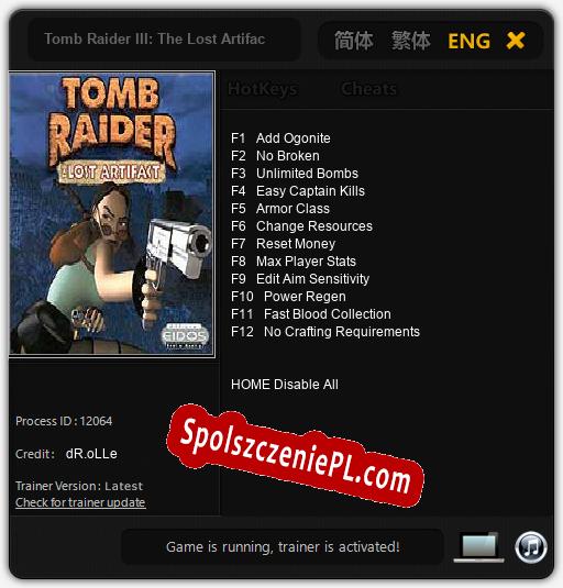 Tomb Raider III: The Lost Artifact: Treinador (V1.0.39)