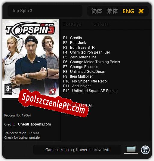 Top Spin 3: Trainer +12 [v1.6]