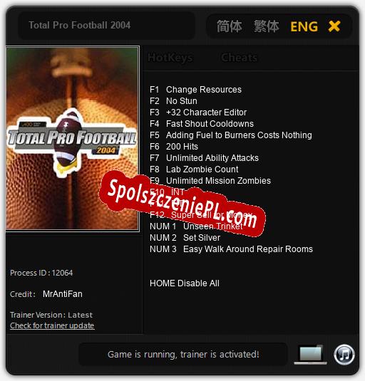 Total Pro Football 2004: Cheats, Trainer +15 [MrAntiFan]