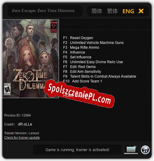 Zero Escape: Zero Time Dilemma: Treinador (V1.0.56)
